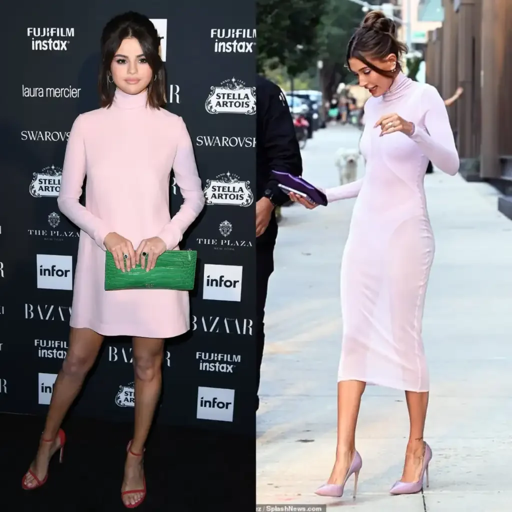 Selena Gomez exuded elegance in a baby pink turtleneck dress paired with red heels and a vibrant green clutch. Fast forward a few months, and Hailey rocked a baby pink sheer bodycon dress with a matching turtleneck. 