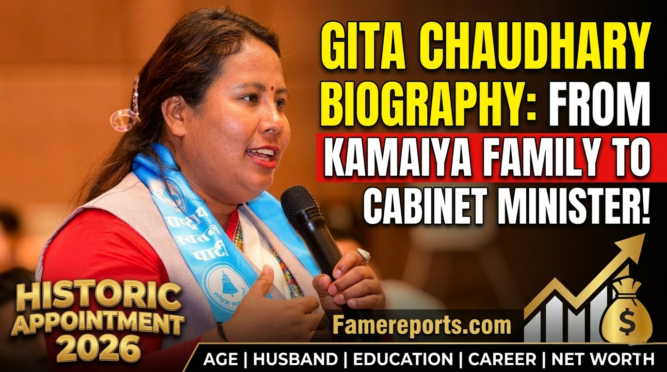 Gita Chaudhary Biography 2026: Nepal's Minister of Agriculture and Livestock Development, former lawyer from Kanchanpur and RSP MP, wearing a blue party sash and speaking at a podium.